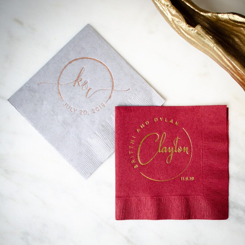 Circle Monogram Contemporary Wedding Napkins, Foil Stamped 3 Ply Cocktail Napkins, Custom Beverage Napkins, Engagement Party, Bridal Shower image 6