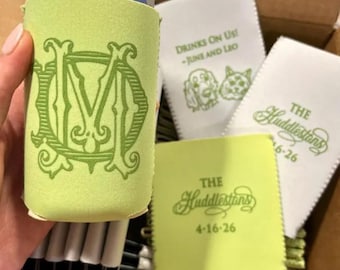 Custom Green Monogram Can Coolers, Monogrammed Wedding Beer Hugger, Neoprene Can Coolers, Custom Wedding Green Coolies, Can Coolies