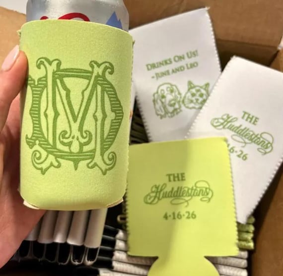 Custom Green Monogram Can Coolers, Monogrammed Wedding Beer Hugger, Neoprene Can Coolers, Custom Wedding Green Coolies, Can Coolies