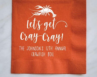 Personalized "Let's Get Cray Cray" Crawfish Boil Napkins, Custom Napkins, Crawdad Napkins, Crayfish Party Napkins, Cocktail Napkins
