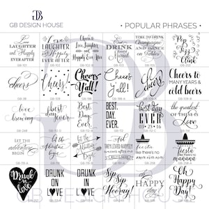 May include: A collection of 24 black and white wood signs with various phrases and sayings. The signs are arranged in a grid pattern on a light gray background. The signs are all rectangular and have rounded corners. The phrases on the signs include "Love is brewing", "Cheers Y'all", "Best Day Ever", "Let the Adventure Begin", "Drunk in Love", "Sip Sip Hooray", "Oh Happy Day!" and more.