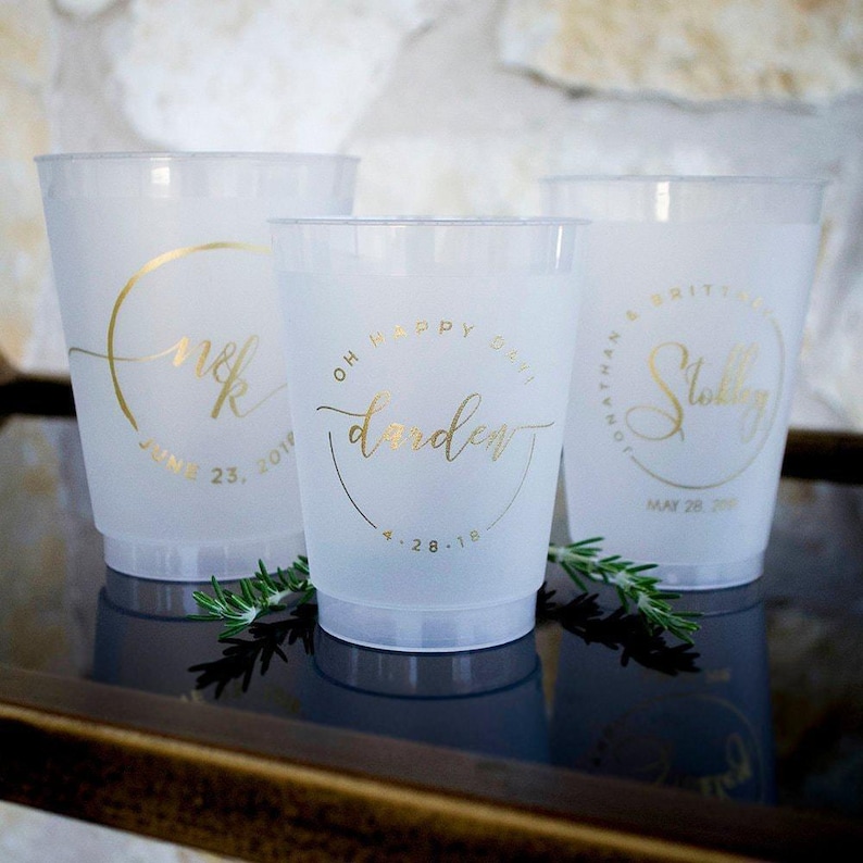 Custom Wedding Reception Bar Frosted Cups, Personalized Shatterproof Cups, Modern Wedding Decor, Signature Cocktails, Engagement Party image 5