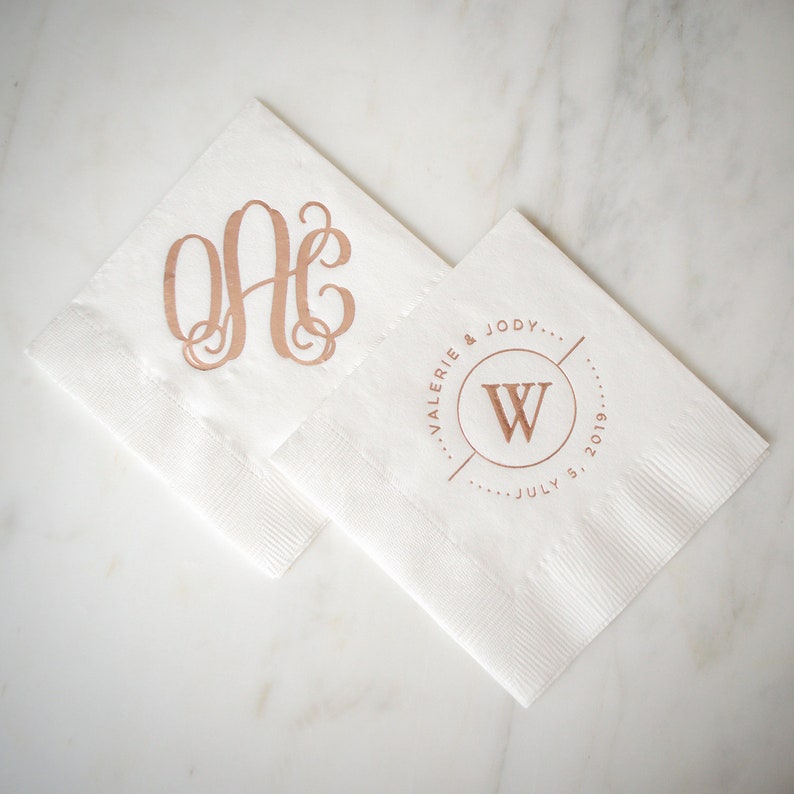 Custom Rose Gold Foil Printed Napkins Monogrammed Wedding Etsy