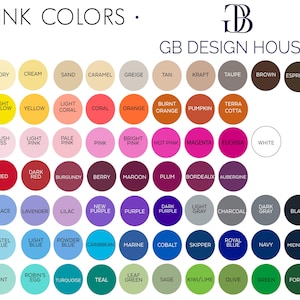 Może przedstawiać: Wzornik kolor&oacute;w z napisem INK COLORS i GB DESIGN HOUSE przedstawiający siatkę okrągłych pr&oacute;bek w r&oacute;żnych odcieniach, w tym kości słoniowej, ż&oacute;łtego, r&oacute;żowego, czerwonego, fioletowego, niebieskiego i zielonego, z nazwą każdego koloru w czerni.