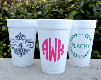 Personalized Styrofoam Party Cups, Monogrammed Foam Party Cups, Foam Cups, Bordered Monogram, Wedding Cups, Engagement Cup