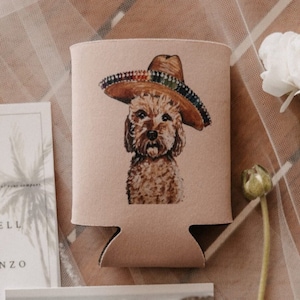 Full Color Dog Sombrero Can Coolers, Fiesta Wedding Favors, Custom Dog Art Can Huggers, Full Color Party Favors, Neoprene, Rehearsal Dinner