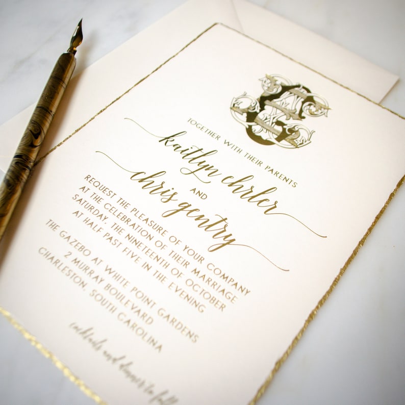 Custom Gold Deckled Edge Foil Stamped Wedding Invitations Etsy