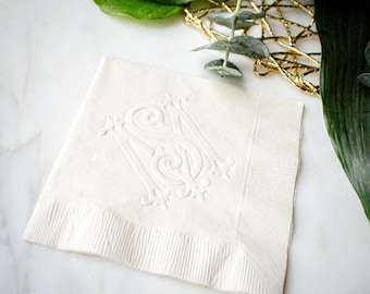 Embossed Interlocking Vintage Monogram Cocktail Napkins, Ivory Wedding Napkins, Custom 3 Ply Party Napkins, Bridal Shower Decor, Engagement