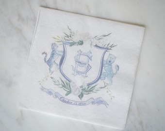 Full Color Family Crest Linen-Like Wedding Napkins, Monogrammed Linun Cocktail Napkins, Personalized Napkin, Bridal Shower, Engagement Party