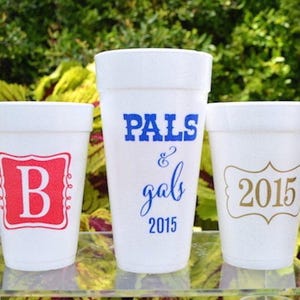 May include: Three white foam cups. The left cup features a red letter B inside a decorative border. The center cup displays the blue text PALS & gals and the year 2015. The right cup shows the gold number 2015 inside a decorative border.