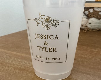 Custom Floral Frost Flex Wedding Cups, Personalized Wedding Cups, Custom Floral Frost-Flex Cups, Cocktail Hour, Engagement Party Cup Favors
