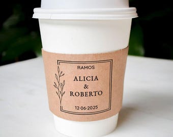 Custom Monogrammed Coffee Sleeves, Paper Coffee Cup Sleeves, Printed Brown Kraft Coffee Holders, Personalized Sleeves, Wedding Coffee Bar