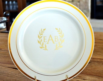 Personalized Monogram Premium Plastic Plates with Metallic Trim, Custom Plates, Monogrammed Plates, Personalized Premium Party Plates