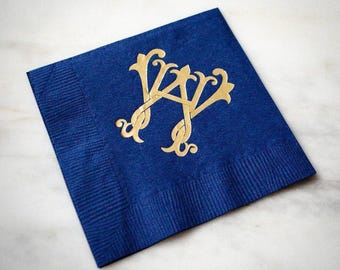 Interlocking Monogram Napkins, Personalized Napkins, 3 Ply Cocktail Napkins, Gold Foil Napkins, Beverage Napkins, Wedding Bar Napkins