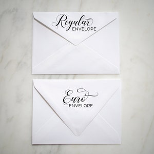 May include: Two white envelopes with black text. The top envelope says "Regular Envelope" and the bottom envelope says "Euro Envelope".