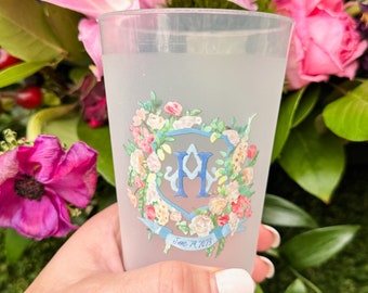 Custom Floral Monogram Crest Shatterproof Cups, Custom Full Color Cup, Destination Wedding Full Color Frost Flex, Full Color Frost Flex Cups