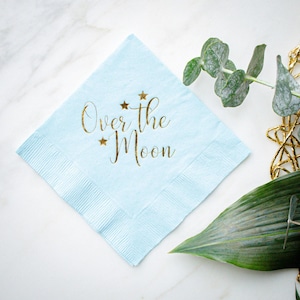 Over The Moon Napkins, Blue Baby Shower Napkins, Custom 3 Ply Party Napkins, Baby's 1st Birthday Napkins, Gender Reveal, Sip and See Decor image 1