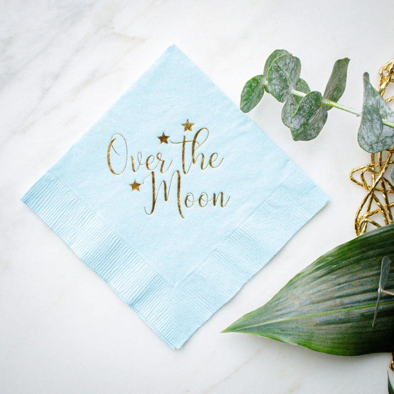 Over The Moon Napkins, Blue Baby Shower Napkins, Custom 3 Ply Party Napkins, Baby's 1st Birthday Napkins, Gender Reveal, Sip and See Decor image 1