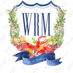 May include: A blue and white watercolour monogram with the initials "WRM" surrounded by a wreath of greenery, lemons, and crawfish. The wreath is tied with a blue ribbon with the text "Warren and Mackenzie". The monogram is on a white background with the text "GB DESIGN HOUSE" at the bottom.