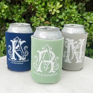 White Ink Interlocking Monogram Event Can Coolers, White Ink Wedding Favors, Personalized Neoprene Can Coolers, Neoprene Wedding Can Coolies