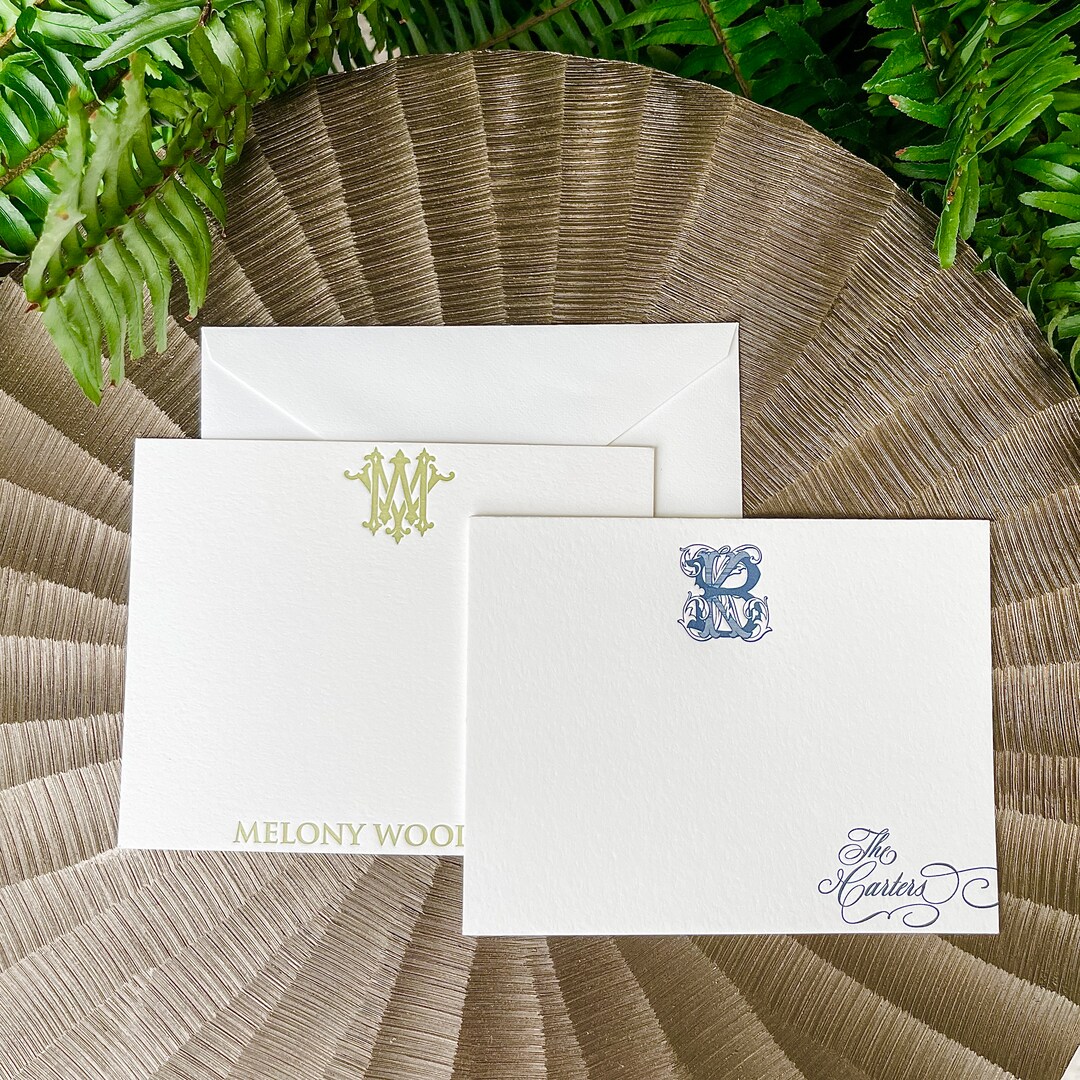 Custom Monogram Flat Stationery Cards, Personalized Letterpress A2 Note Cards & Envelope Set