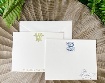 Custom Monogram Flat Stationery Cards, Personalized Letterpress A2 Note Cards & Envelope Set, Printed Thank You Cards, Correspondence Cards