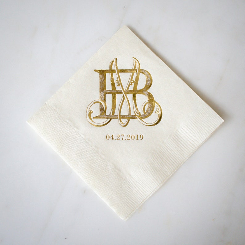 Gold Foil Print Cocktail Napkins Interlocking Monogram Ivory Etsy