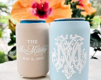 Custom Wedding Day Can Coolers, Personalized Wedding Favors, Monogrammed Drink Insulators, Custom Wedding Can Cooler Favors, Custom Coolies