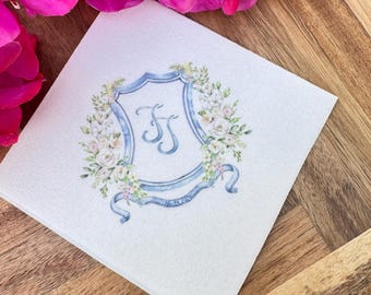 Full Color Custom Art Floral Crest Linen-Like Napkins, Personalized Monogrammed Linun Cocktail Napkins, Full Color Beverage Linun Napkins