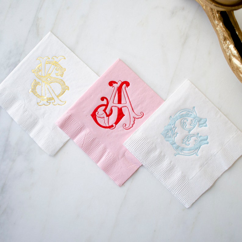 Interlocking Vintage Monogram Wedding Napkins, Custom Cocktail Napkins, Foil Printed Napkins, Personalized Napkins, Customized Party Napkins image 1