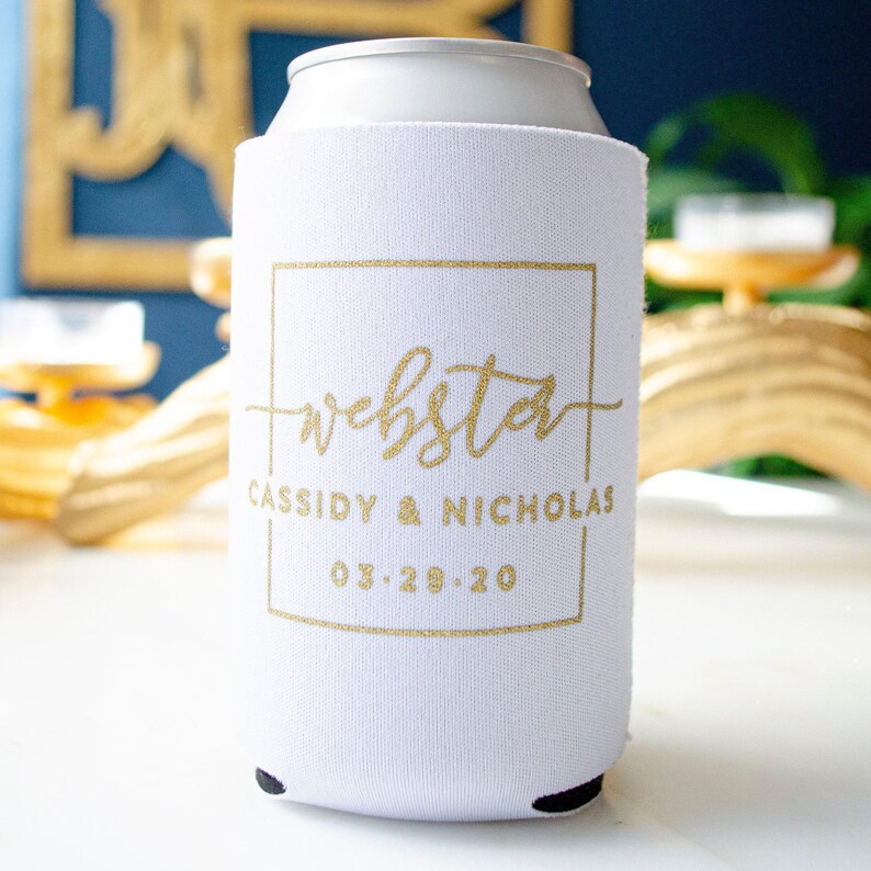 Contemporary Wedding Beer Coolies, Personalized Can Coolers, Custom Printed Can Coolies, Wedding Favors, Collapsible Neoprene Bottle Huggers image 1