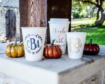 Custom Paper Party Cups, Personalized Paper Coffee Cups, Coffee Cups, Hot Chocolate, Personalized Wedding, Hot Drink Bar