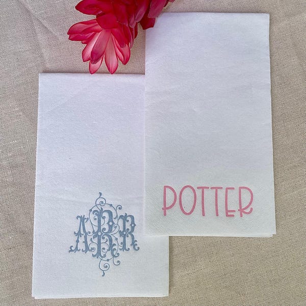 Custom Designed Guest Hand Towels, Linen-Like Guest Towels, Interlocking Monogram Napkins, Custom Designed Hostess Gifts, Rehearsal Dinner