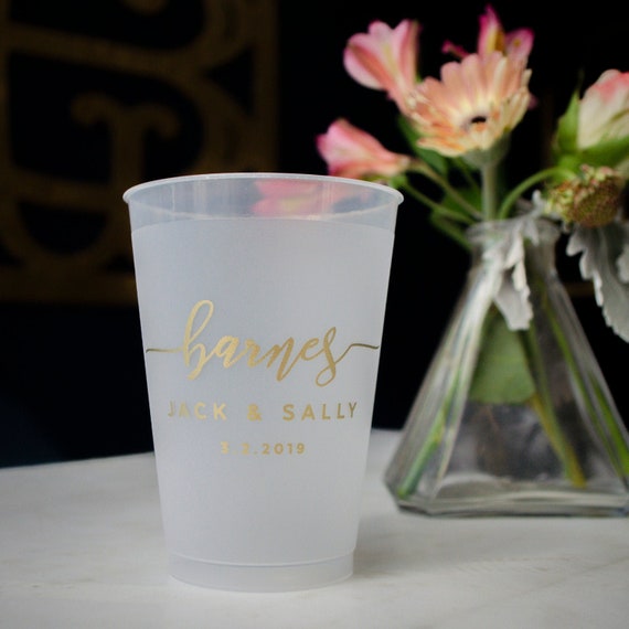Contemporary Wedding Reception Cups, Modern Design Cocktail Cups, Couples  Last Name, Shatterproof Plastic Cup, Metallic Gold Ink 