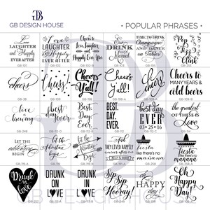 May include: A black and white graphic design image with 24 different designs for wedding, party, and celebration favours. The designs include phrases like "Cheers Y'all!" and "Let the Adventure Begin".