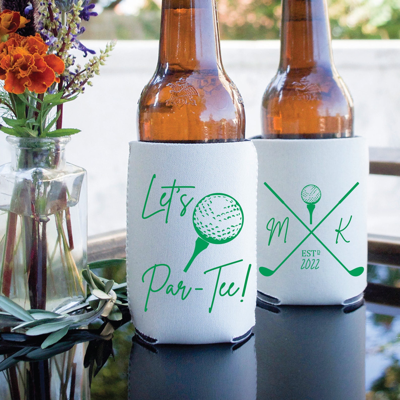 Golf Themed Wedding Ideas & Inspiration. Favor gift for guests, Personalized Can Coolers. 