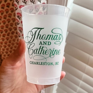 Colored Ink Script Names Shatterproof Wedding Cups, Bride Groom Name Frosted Shower Cups, Custom Frost Flex Unbreakable Cups,  Party Cups