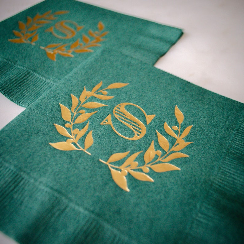 Forest Green Wedding Napkins Gold Foil Cocktail Napkins Etsy