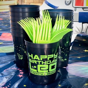 Two Infinity and Beyond 2nd Birthday Party Cups, Space Themed Party Favors, Custom Plastic Stadium Cups, Alien Party, Boy's Birthday Decor