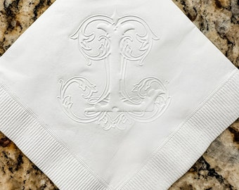 Embossed Vine Initial Napkins, White Embossed Initial Napkins, Custom Embossed 3 Ply Napkins, Decorative Personalized 3ply Party Napkins
