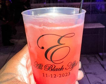 Large Initial Shatterproof Party Cup Favors, Personalized Plastic Cup Favors, Black Ink Printed Script Cups, Custom Shatterproof Favor Cups
