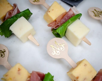 Monogrammed 4" Wooden Food Picks, Custom Wedding Appetizer Skewers, Picks for Sliders and Sandwiches, Bloody Mary Cocktail Garnish Sticks