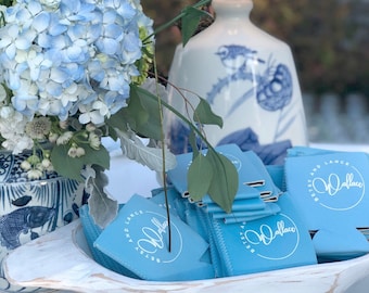 Monogrammed Can Coolers, Wedding Favors, Custom Wedding Gifts, Printed Can Coolies, Can Huggers, Personalized Favors, Blue Wedding Decor
