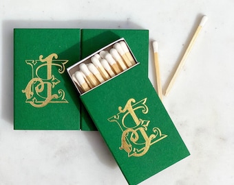 Cerillas de boda con lámina de oro, caja de cerillas con monograma personalizado, caja de cerillas de boda personalizada, cerillas para despedida con bengalas, caja de cerillas de recuerdo para el día de la boda