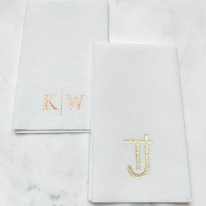 White Linen-Like Initial Guest Towels, Foil Wedding Venue Bathroom Napkin, Custom Foil Housewarming Gifts, Custom Foil Printed Guest Towels