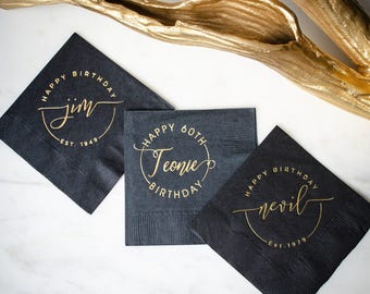 Black and Gold Foil Birthday Party Napkins, Birthday Cocktail Napkins, Milestone Birthday Party Napkins, 60th Birthday, 50th Birthday, 60th