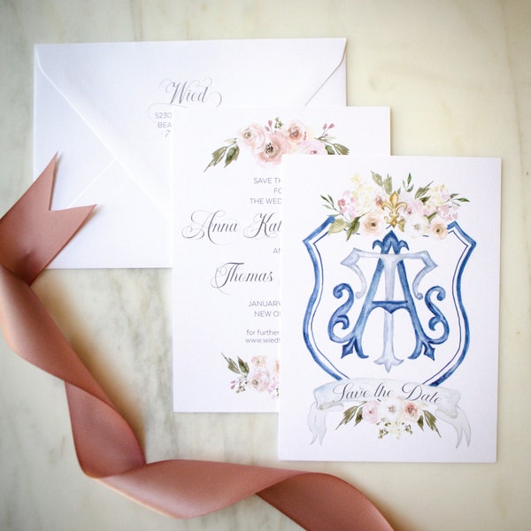 Personalized Watercolor Crest Full Color Printed Save the Date Cards, Wedding Invitations, Floral Birthday Invites, Rehearsal Dinner Invites