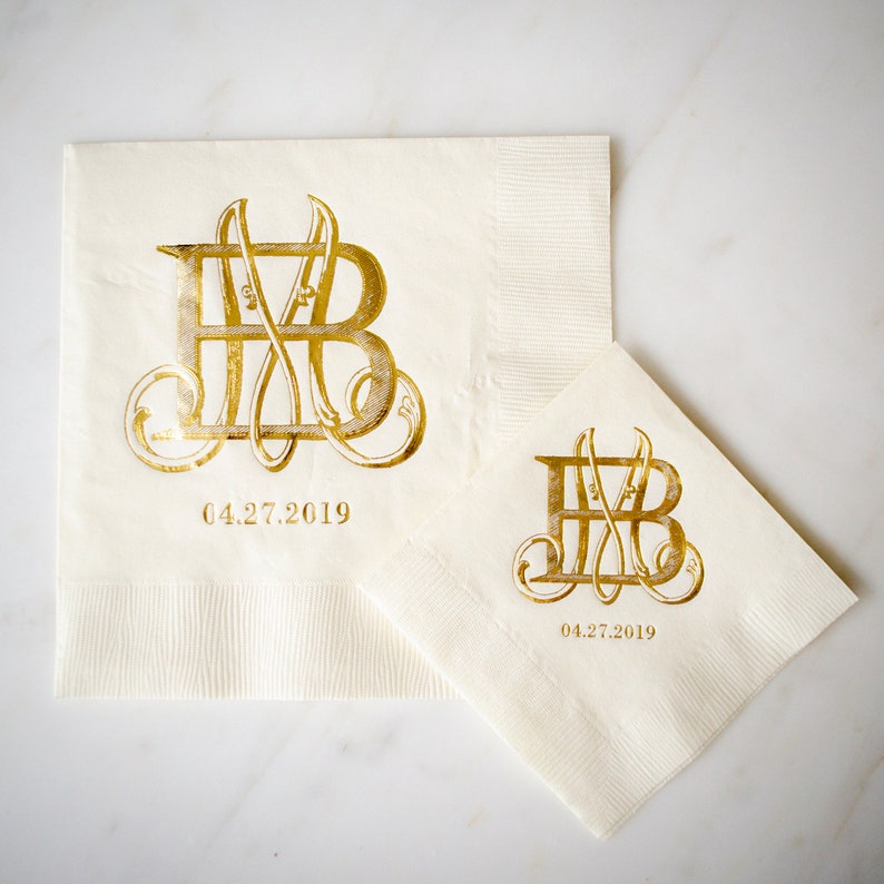 Gold Foil Print Cocktail Napkins Interlocking Monogram Ivory Etsy