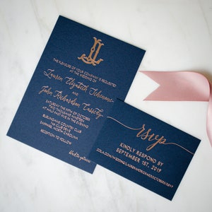 Personalized Navy & Shiny Rose Gold Foil Wedding Invitations, Custom Monogrammed Foil Printed Invites, Wedding Suite, Elegant Invites