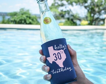 Personalized Birthday Can Coolers, 30th Birthday, Navy and Pink Can Coolers, Custom Party Favors, Two Tone Can Huggers, Birthday Favors